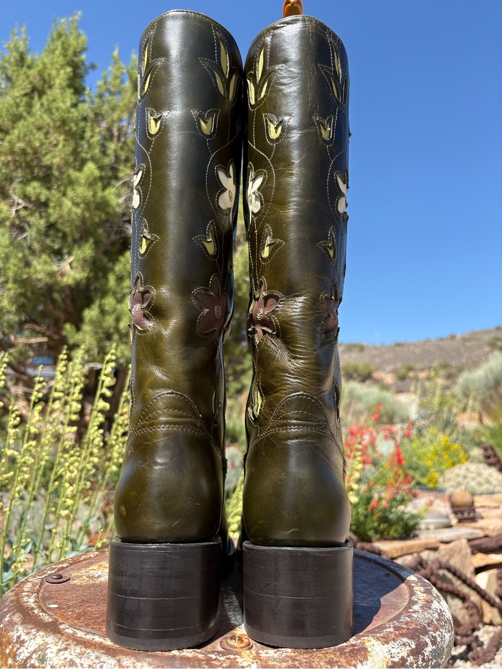 NWOT FRYE x Anthropologie Campus 14L Green Floral Cutout Boots - Picture 6 of 16